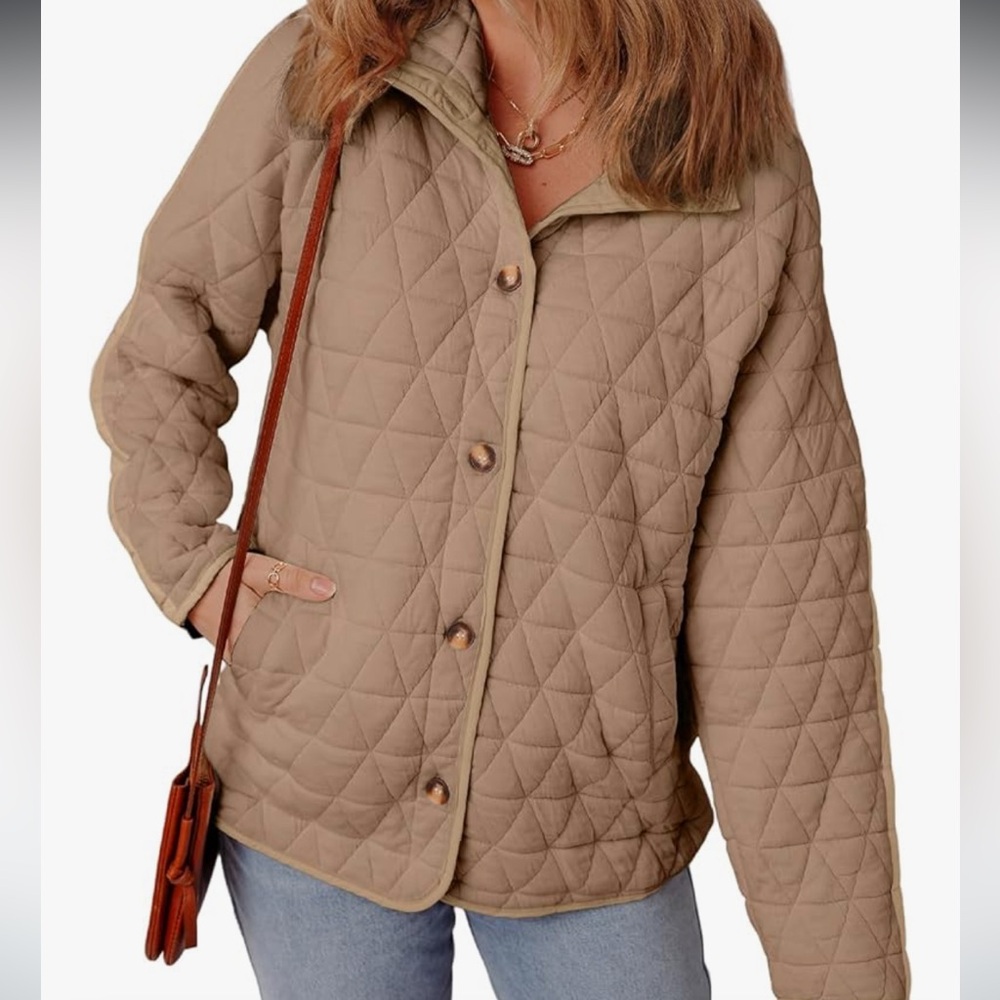 Tan Puffer Jacket with Quilted Design and Hip-Length Cut